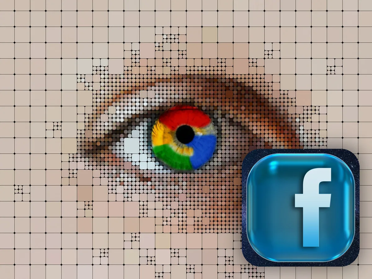 Œil pixelisé aux couleurs de Google, avec une icône Facebook