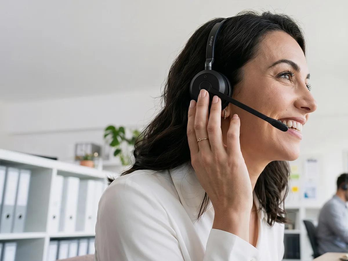 Téléopératrice souriante avec un casque